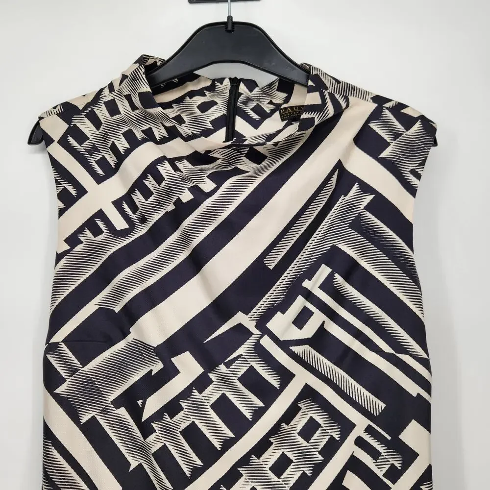 Pauw Amsterdam Cream & Black Silk Geo Print Mock Neck Mod Shift Dress Women 1 Sm